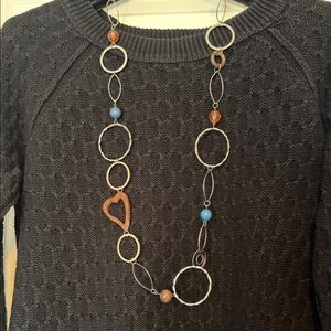 Chic Silver and Brown Heart Necklace with Blue Accents